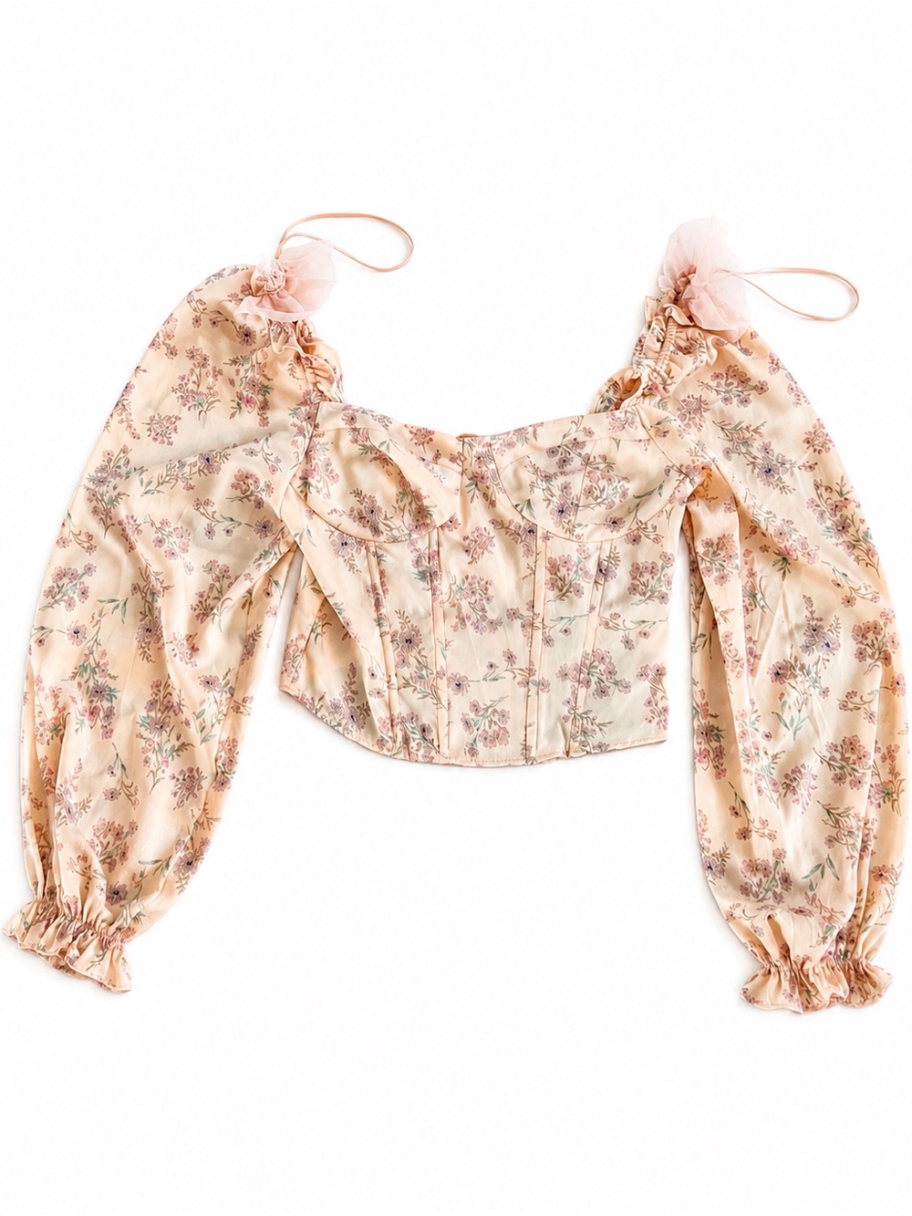 Astr Floral Puff-Sleeve Bustier Top in Blush Cream